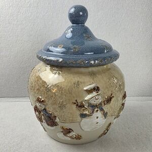 St Nicholas Square Forest Friends Snowman Ceramic Cookie Jar Blue Cream 10.5in